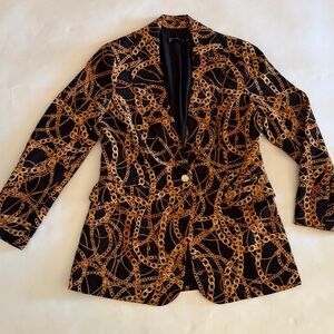 New York & Company Stylish Black and Gold Chain Print Blazer